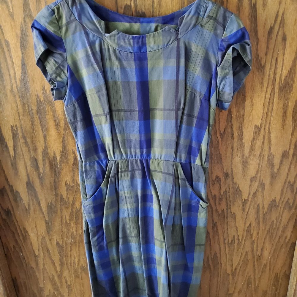 1950s Two Piece Vintage Plaid Wiggle Dress and Jacket, with Belt - Picture 3 of 5